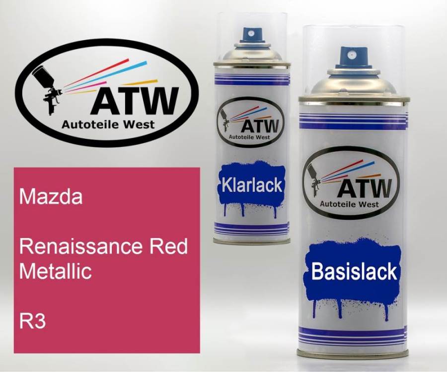 Mazda, Renaissance Red Metallic, R3: 400ml Sprühdose + 400ml Klarlack - Set, von ATW Autoteile West.